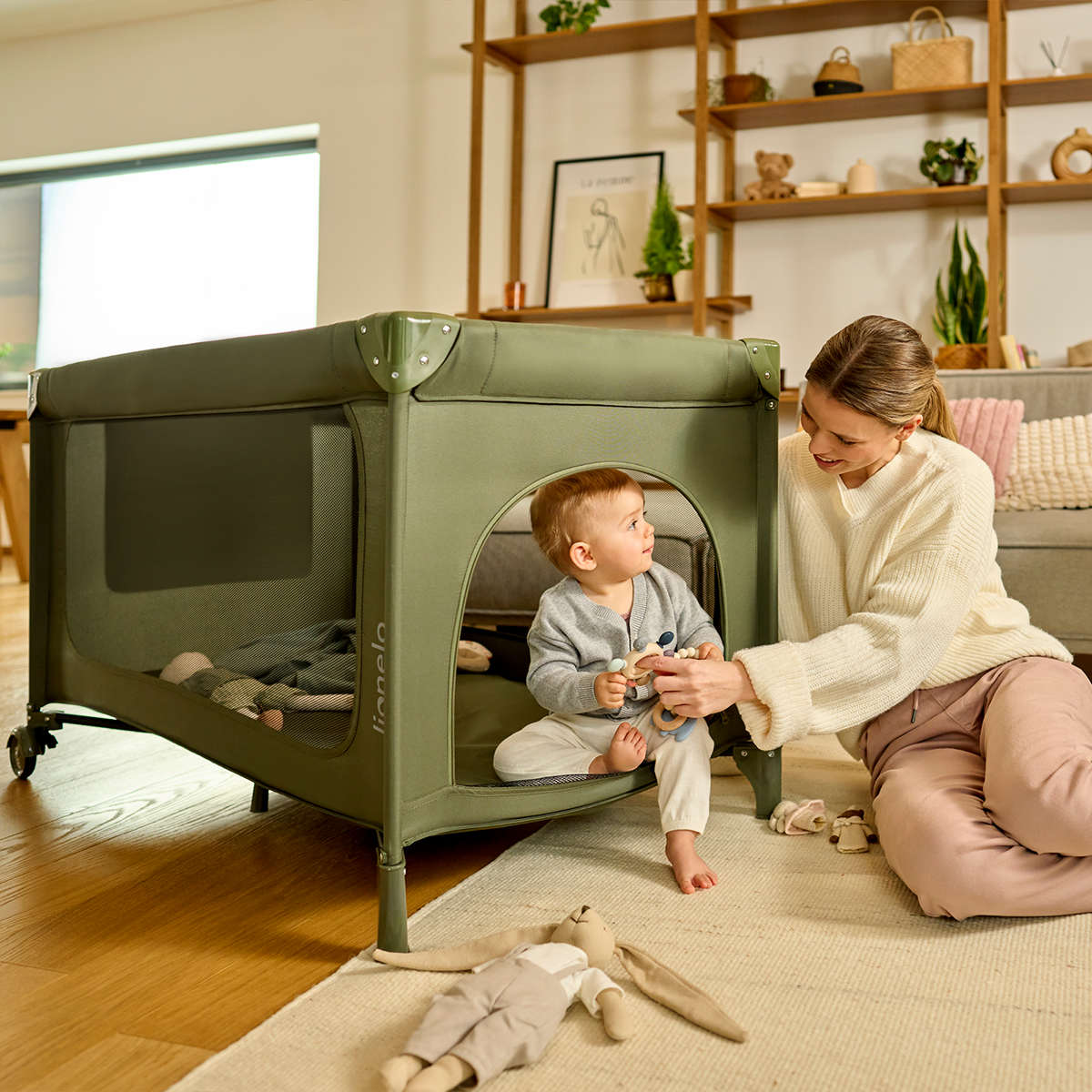 travel cot folded view Lionelo Jasmin Easy Fold Grey Stone